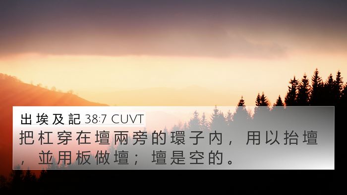 出 埃 及 記 38:7 CUVT 4K Wallpaper - 把 杠 穿 在 壇 兩 旁 的 環 子 內 ， - 4K Wallpaper Bible Verse