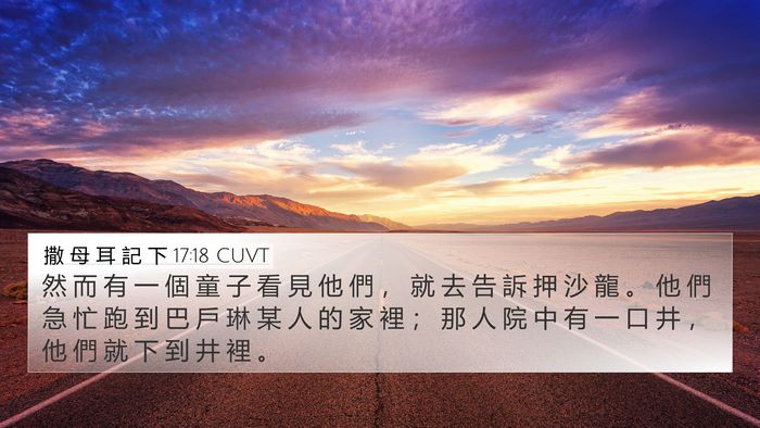 撒 母 耳 記 下 17:18 CUVT 4K Wallpaper - 然 而 有 一 個 童 子 看 見 他 們 ， - 4K Wallpaper Bible Verse
