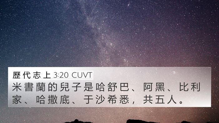 歷 代 志 上 3:20 CUVT 4K Wallpaper - 米 書 蘭 的 兒 子 是 哈 舒 巴 、 阿 - 4K Wallpaper Bible Verse