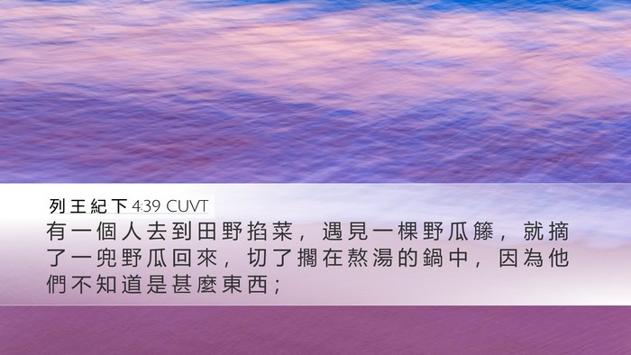 列 王 紀 下 4:39 CUVT Desktop Wallpaper - 有 一 個 人 去 到 田 野 掐 菜 ， 遇 - Desktop Bible Verse Wallpaper