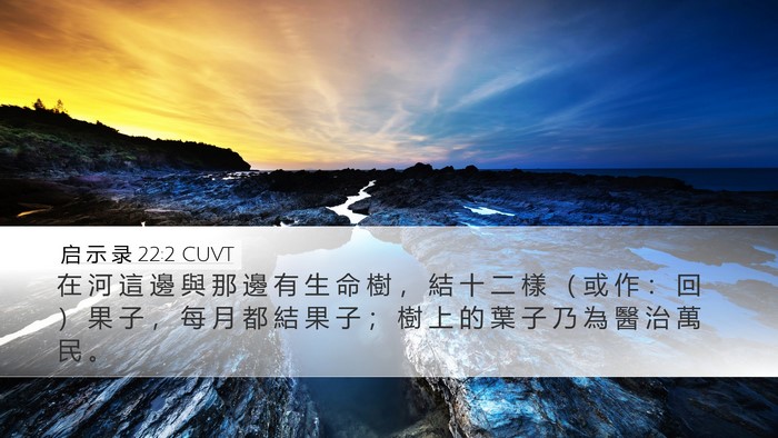 启 示 录 22:2 CUVT Desktop Wallpaper - 在 河 這 邊 與 那 邊 有 生 命 樹 ， - Desktop Bible Verse Wallpaper