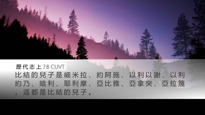 歷 代 志 上 7:8 CUVT Desktop Wallpaper - 比 結 的 兒 子 是 細 米 拉 、 約 阿 - Desktop Bible Verse Wallpaper
