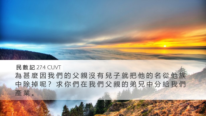 民 數 記 27:4 CUVT Desktop Wallpaper - 為 甚 麼 因 我 們 的 父 親 沒 有 兒 - Desktop Bible Verse Wallpaper