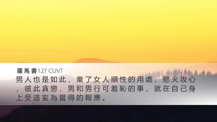 羅 馬 書 1:27 CUVT Desktop Wallpaper - 男 人 也 是 如 此 ， 棄 了 女 人 順 - Desktop Bible Verse Wallpaper