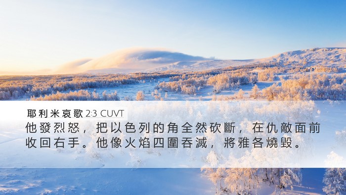 耶 利 米 哀 歌 2:3 CUVT Desktop Wallpaper - 他 發 烈 怒 ， 把 以 色 列 的 角 全 - Desktop Bible Verse Wallpaper