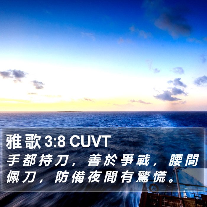 雅 歌 3:8 CUVT - 手 都 持 刀 , 善 於 爭 戰 , 腰 間