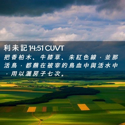 Picture 02 - 利 未 記 14:51 CUVT - 把 香 柏 木 、 牛 膝 草 、 朱 紅 色 - Bible Verse Picture