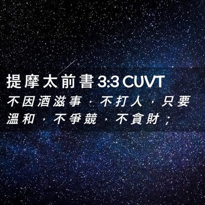 Picture 02 - 提 摩 太 前 書 3:3 CUVT - 不 因 酒 滋 事 ， 不 打 人 ， 只 要 - Bible Verse Picture