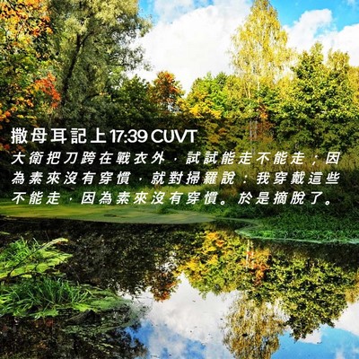 Picture 02 - 撒 母 耳 記 上 17:39 CUVT - 大 衛 把 刀 跨 在 戰 衣 外 ， 試 試 - Bible Verse Picture