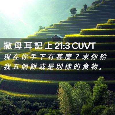 Picture 02 - 撒 母 耳 記 上 21:3 CUVT - 現 在 你 手 下 有 甚 麼 ？ 求 你 給 - Bible Verse Picture