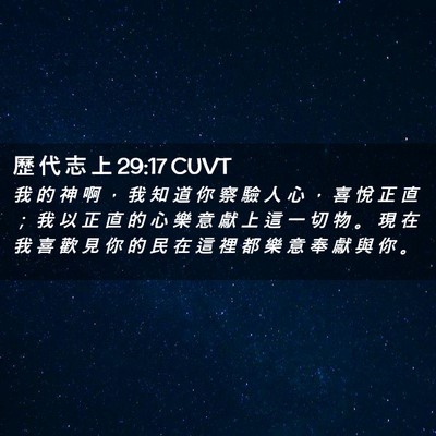 Picture 02 - 歷 代 志 上 29:17 CUVT - 我 的 神 啊 ， 我 知 道 你 察 驗 人 - Bible Verse Picture