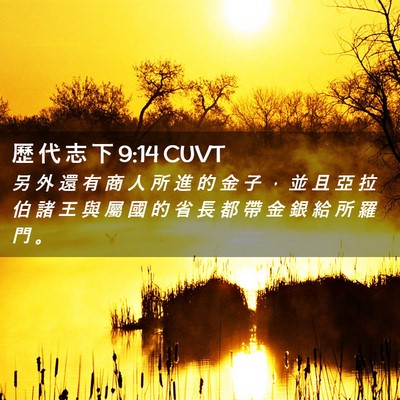 Picture 02 - 歷 代 志 下 9:14 CUVT - 另 外 還 有 商 人 所 進 的 金 子 ， - Bible Verse Picture
