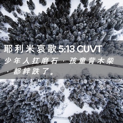 Picture 02 - 耶 利 米 哀 歌 5:13 CUVT - 少 年 人 扛 磨 石 ， 孩 童 背 木 柴 - Bible Verse Picture