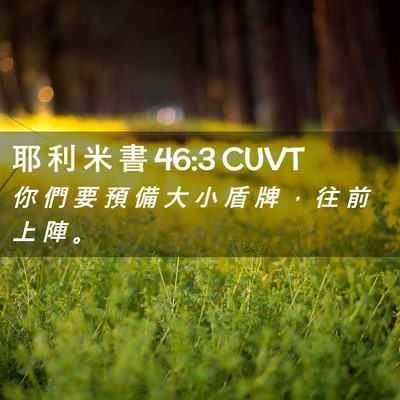 Picture 02 - 耶 利 米 書 46:3 CUVT - 你 們 要 預 備 大 小 盾 牌 ， 往 前 - Bible Verse Picture