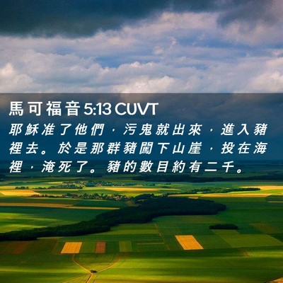 Picture 02 - 馬 可 福 音 5:13 CUVT - 耶 穌 准 了 他 們 ， 污 鬼 就 出 來 - Bible Verse Picture