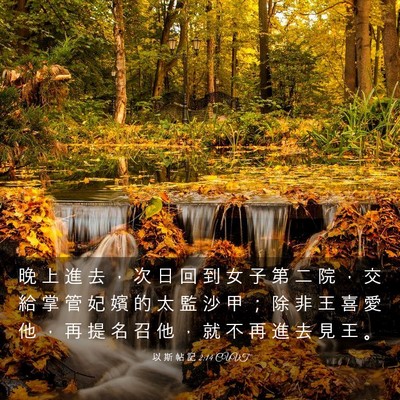 Picture 03 - 以 斯 帖 記 2:14 CUVT - 晚 上 進 去 ， 次 日 回 到 女 子 第 - Bible Verse Picture