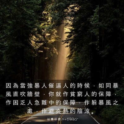 Picture 03 - 以 賽 亞 書 25:4 CUVT - 因 為 當 強 暴 人 催 逼 人 的 時 候 - Bible Verse Picture