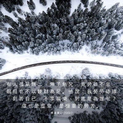 Picture 03 - 傳 道 書 4:8 CUVT - 有 人 孤 單 無 二 ， 無 子 無 兄 ， - Bible Verse Picture