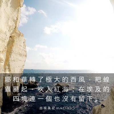 Picture 03 - 出 埃 及 記 10:19 CUVT - 耶 和 華 轉 了 極 大 的 西 風 ， 把 - Bible Verse Picture