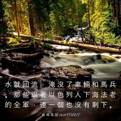 Picture 03 - 出 埃 及 記 14:28 CUVT - 水 就 回 流 ， 淹 沒 了 車 輛 和 馬 - Bible Verse Picture