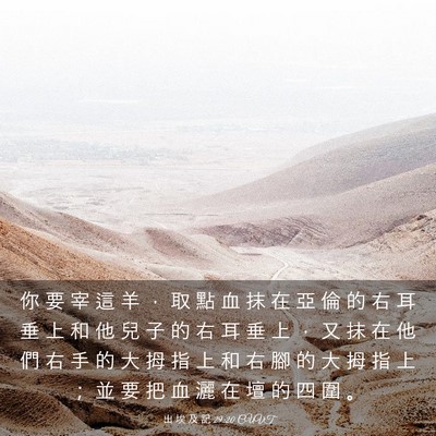 Picture 03 - 出 埃 及 記 29:20 CUVT - 你 要 宰 這 羊 ， 取 點 血 抹 在 亞 - Bible Verse Picture