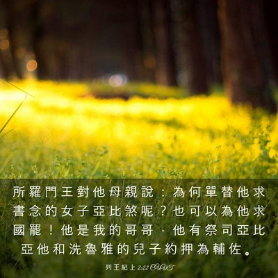 Picture 03 - 列 王 紀 上 2:22 CUVT - 所 羅 門 王 對 他 母 親 說 ： 為 何 - Bible Verse Picture