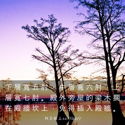 Picture 03 - 列 王 紀 上 6:6 CUVT - 下 層 寬 五 肘 ， 中 層 寬 六 肘 ， - Bible Verse Picture
