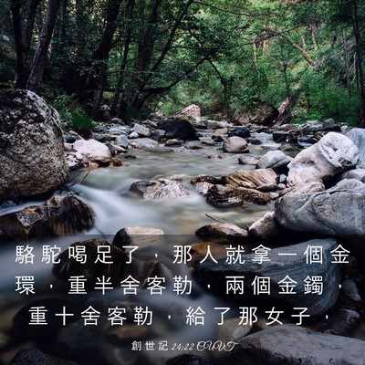 Picture 03 - 創 世 記 24:22 CUVT - 駱 駝 喝 足 了 ， 那 人 就 拿 一 個 - Bible Verse Picture