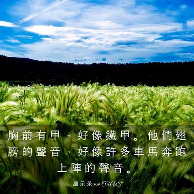 Picture 03 - 启 示 录 9:9 CUVT - 胸 前 有 甲 ， 好 像 鐵 甲 。 他 們 - Bible Verse Picture