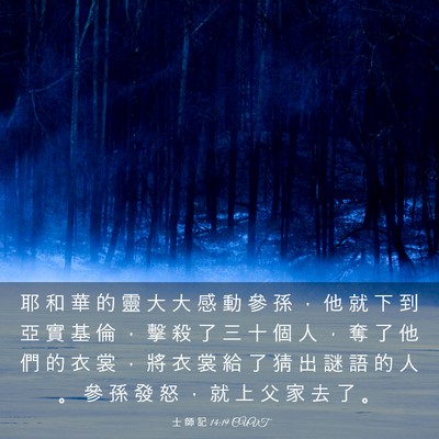 Picture 03 - 士 師 記 14:19 CUVT - 耶 和 華 的 靈 大 大 感 動 參 孫 ， - Bible Verse Picture