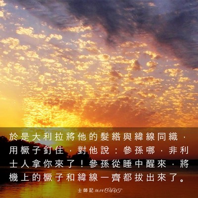 Picture 03 - 士 師 記 16:14 CUVT - 於 是 大 利 拉 將 他 的 髮 綹 與 緯 - Bible Verse Picture