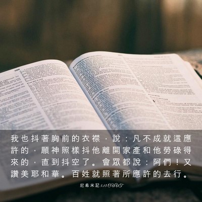 Picture 03 - 尼 希 米 記 5:13 CUVT - 我 也 抖 著 胸 前 的 衣 襟 ， 說 ： - Bible Verse Picture