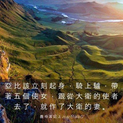 Picture 03 - 撒 母 耳 記 上 25:42 CUVT - 亞 比 該 立 刻 起 身 ， 騎 上 驢 ， - Bible Verse Picture