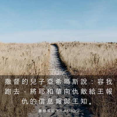 Picture 03 - 撒 母 耳 記 下 18:19 CUVT - 撒 督 的 兒 子 亞 希 瑪 斯 說 ： 容 - Bible Verse Picture