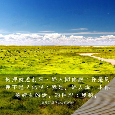Picture 03 - 撒 母 耳 記 下 20:17 CUVT - 約 押 就 近 前 來 ， 婦 人 問 他 說 - Bible Verse Picture