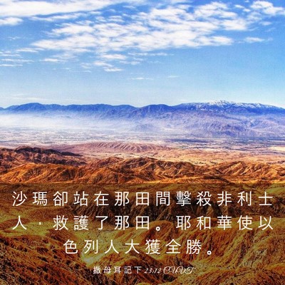 Picture 03 - 撒 母 耳 記 下 23:12 CUVT - 沙 瑪 卻 站 在 那 田 間 擊 殺 非 利 - Bible Verse Picture