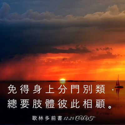 Picture 03 - 歌 林 多 前 書 12:25 CUVT - 免 得 身 上 分 門 別 類 ， 總 要 肢 - Bible Verse Picture