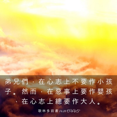 Picture 03 - 歌 林 多 前 書 14:20 CUVT - 弟 兄 們 ， 在 心 志 上 不 要 作 小 - Bible Verse Picture