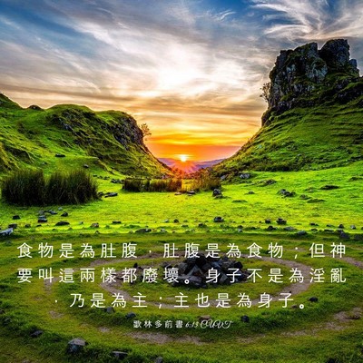 Picture 03 - 歌 林 多 前 書 6:13 CUVT - 食 物 是 為 肚 腹 ， 肚 腹 是 為 食 - Bible Verse Picture