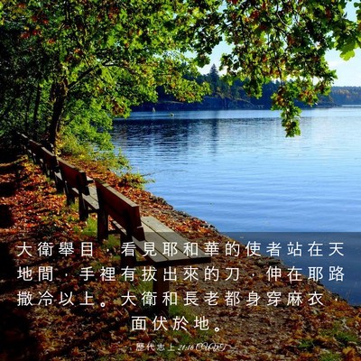 Picture 03 - 歷 代 志 上 21:16 CUVT - 大 衛 舉 目 ， 看 見 耶 和 華 的 使 - Bible Verse Picture