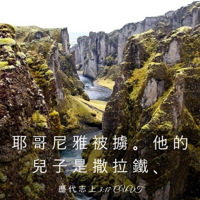 Picture 03 - 歷 代 志 上 3:17 CUVT - 耶 哥 尼 雅 被 擄 。 他 的 兒 子 是 - Bible Verse Picture
