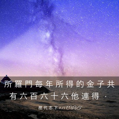 Picture 03 - 歷 代 志 下 9:13 CUVT - 所 羅 門 每 年 所 得 的 金 子 共 有 - Bible Verse Picture