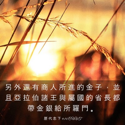 Picture 03 - 歷 代 志 下 9:14 CUVT - 另 外 還 有 商 人 所 進 的 金 子 ， - Bible Verse Picture
