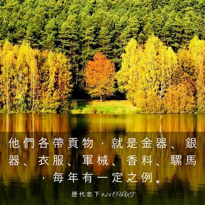 Picture 03 - 歷 代 志 下 9:24 CUVT - 他 們 各 帶 貢 物 ， 就 是 金 器 、 - Bible Verse Picture