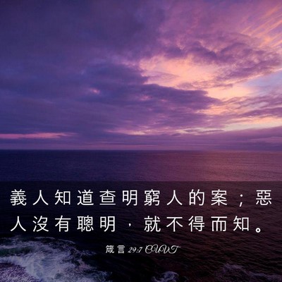 Picture 03 - 箴 言 29:7 CUVT - 義 人 知 道 查 明 窮 人 的 案 ； 惡 - Bible Verse Picture