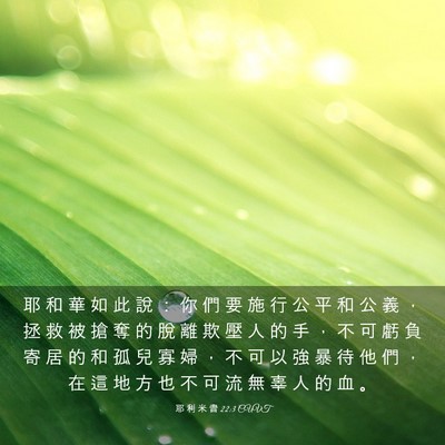 Picture 03 - 耶 利 米 書 22:3 CUVT - 耶 和 華 如 此 說 ： 你 們 要 施 行 - Bible Verse Picture