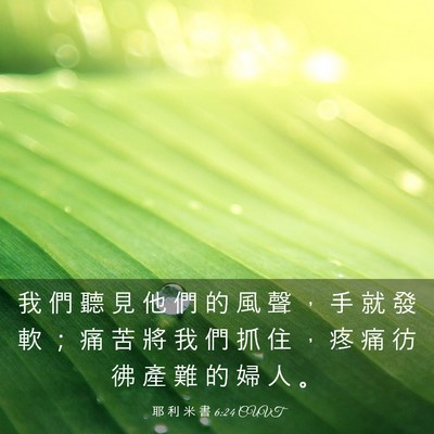 Picture 03 - 耶 利 米 書 6:24 CUVT - 我 們 聽 見 他 們 的 風 聲 ， 手 就 - Bible Verse Picture