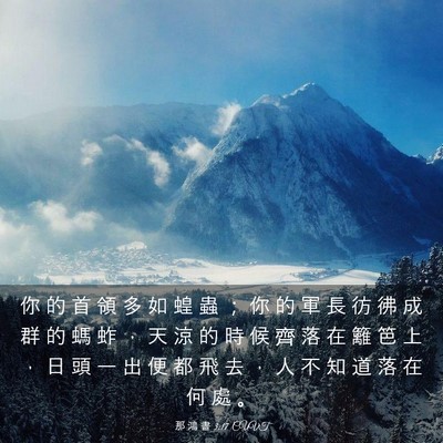 Picture 03 - 那 鴻 書 3:17 CUVT - 你 的 首 領 多 如 蝗 蟲 ； 你 的 軍 - Bible Verse Picture