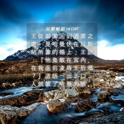 Picture 04 - 以 斯 帖 記 7:8 CUVT - 王 從 御 園 回 到 酒 席 之 處 ， 見 - Bible Verse Picture