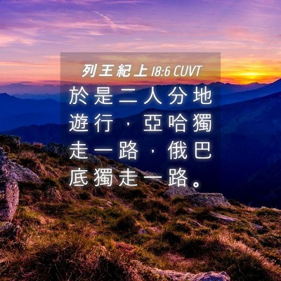 Picture 04 - 列 王 紀 上 18:6 CUVT - 於 是 二 人 分 地 遊 行 ， 亞 哈 獨 - Bible Verse Picture